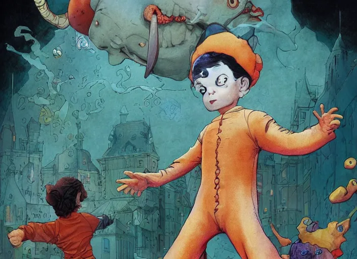 Prompt: adult little nemo in pajamas with dead eyes and coloured energy coming from the hands, fluid, smooth, organic, crazy, high contrast, sharpness, dramatic, by greg rutkowski and siudmak and richard corben and moebius