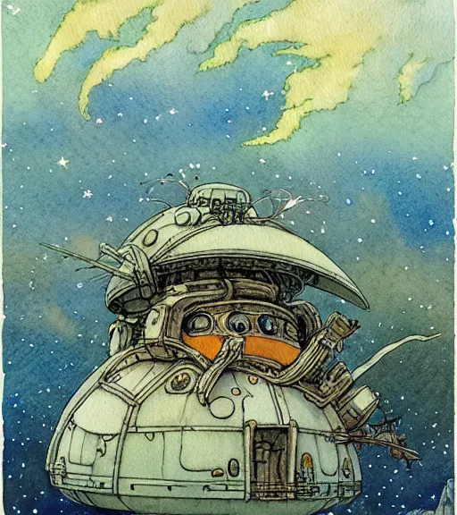 Image similar to hyperrealist studio ghibli watercolor fantasy concept art of an immense ufo from howl's moving castle sitting on stonehenge like a stool. it is a misty starry night. by rebecca guay, michael kaluta, charles vess