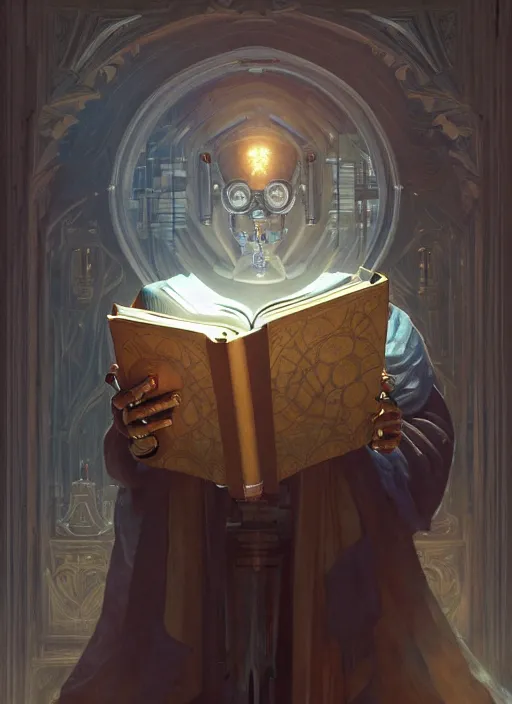 Image similar to portrait of a robot wizard reading a big book, transparent scalp, window, intellectual, sofisticated, medieval fantasy, highly detailed, digital painting, artstation, concept art, character art, art by greg rutkowski and tyler jacobson and alphonse mucha