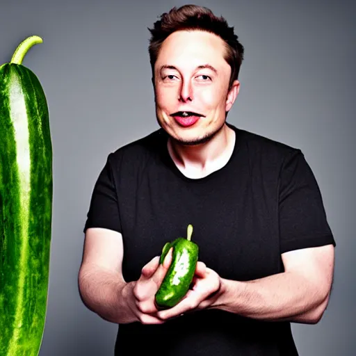 Prompt: a full portrait of elon musk eating a cucumber joyfully, the cucumber in his mouth, f / 2 2, 3 5 mm, 2 7 0 0 k, lighting, perfect faces, award winning photography.