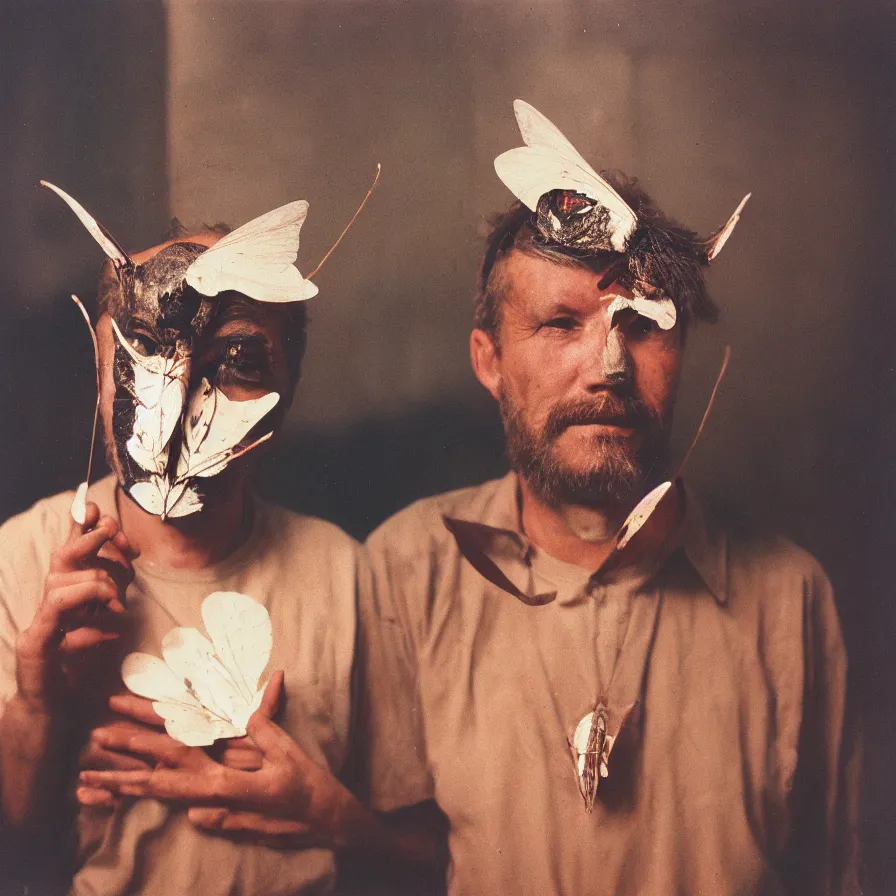 Image similar to movie still by frantisek vlacil portrait of a man with a moth mask, cinestill 8 0 0 t 3 5 mm, heavy grain, high quality, high detail