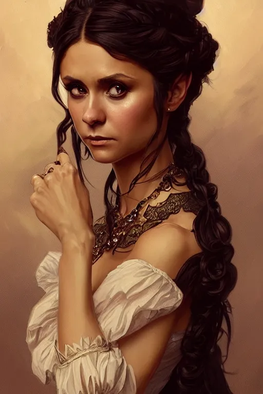 Image similar to Nina Dobrev dressed in a victorian fashion, D&D, fantasy, intricate, elegant, highly detailed, digital painting, artstation, concept art, matte, sharp focus, illustration, art by Artgerm and Greg Rutkowski and Alphonse Mucha