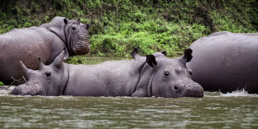 Image similar to hippo with a rhino horn, in a river in the jungle, extremely high fidelity, natural lighting