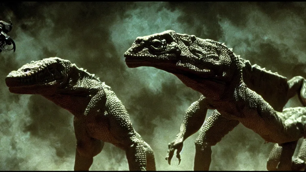 Prompt: movie scene of a group of draconian humanoids arriving to earth, reptil, reptilian, movie still, cinematic composition, cinematic light, criterion collection, reimagined by industrial light and magic, Movie by David Lynch and Ridley Scott