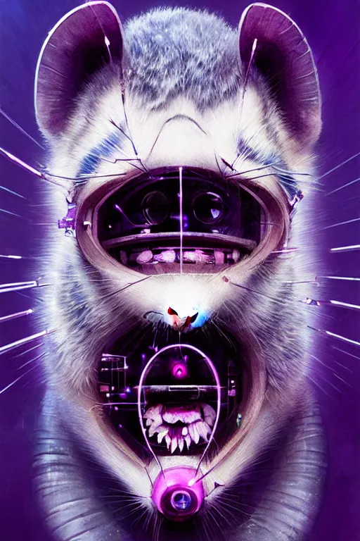 Image similar to a beautiful portrait of a cute cyberpunk opossum screaming by sandra chevrier and greg rutkowski and wlop, purple blue color scheme, high key lighting, volumetric light, digital art, highly detailed, fine detail, intricate, ornate, complex, octane render, unreal engine, photorealistic