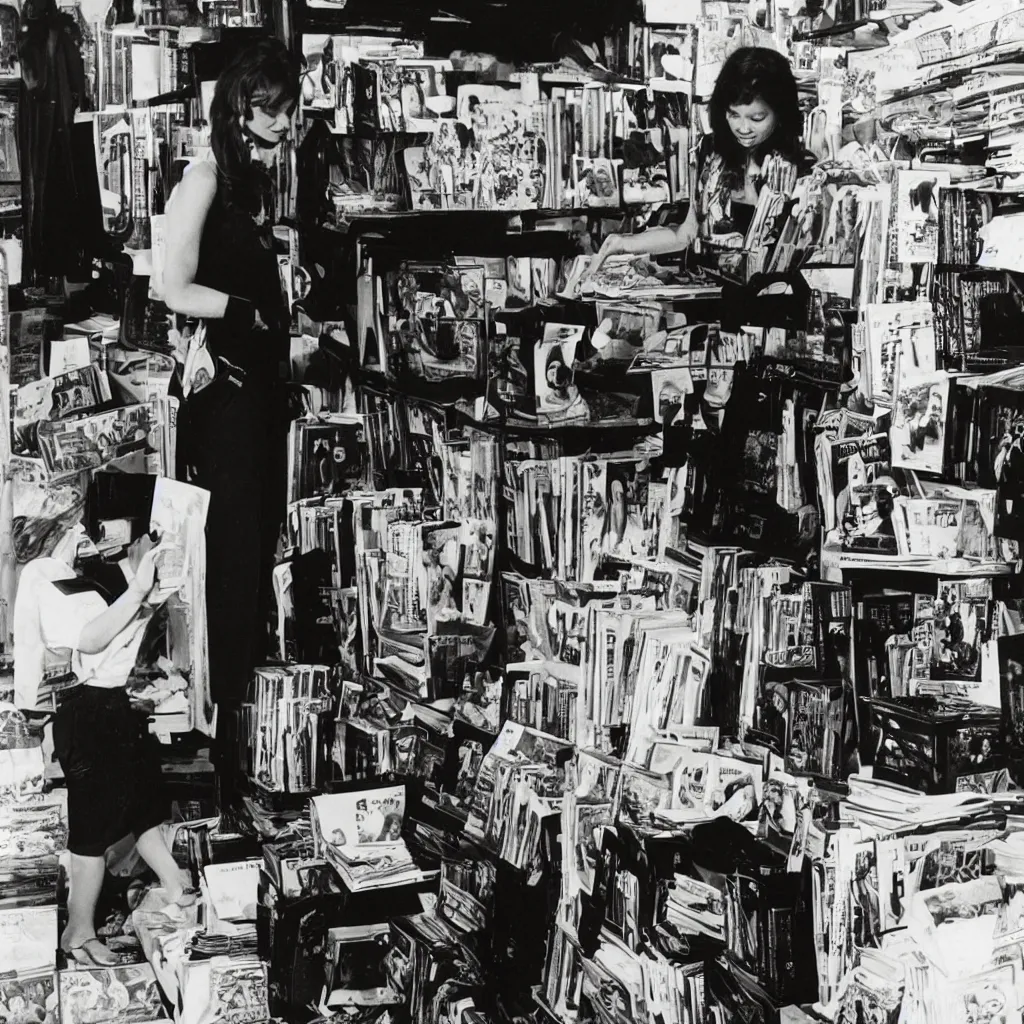 Prompt: a photograph of a woman buying stairway to heaven