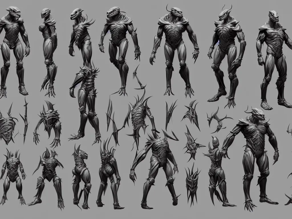 Image similar to game concept art sprite sheet, concept art, muscular, exoskeleton, bat head, turtle skin, hyperrealism, fine detail, artstation, cgsociety, zbrush, no background