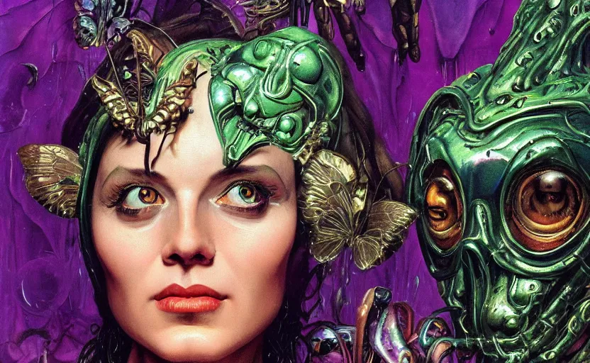 Prompt: baroque neoclassicist close - up portrait of a witch with big alien eyes wearing a reflective animal mask, in front of a wet jungle. iridescent silver butterflies. deep green and purple. highly detailed science fiction painting by norman rockwell, frank frazetta, and syd mead. rich colors, high contrast, gloomy atmosphere. trending on artstation and behance.