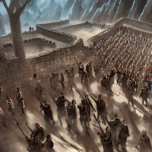 Image similar to Matte painting of large crowd of men in Biblical outfits marching in front of the walls of Jericho. People are standing on the walls looking down at them. sunrise, epic, cinematic lighting, detailed digital art trending in artstation