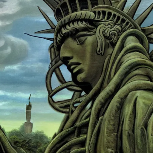 Prompt: close up of statue of liberty reclaimed by the jungle , surrounded by tall vines in oversized misty jungle, dramatic sunset and dramatic sky , very detailed oil painting by frazetta, low angle, postapocalyptic panorama.asthetics !