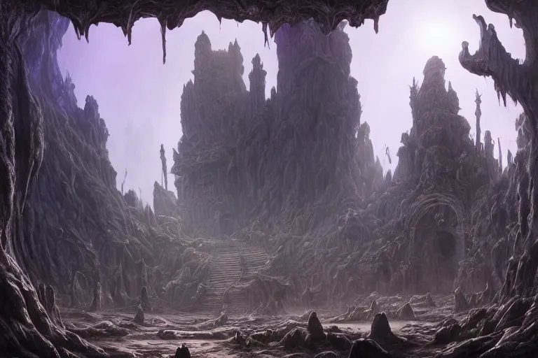 Image similar to A hyper realistic detailed matte painting of the entrance to a dungeon of the maw at the base of a psychedelic monolith, dramatic lighting, dynamic lighting, cinematic lighting, lit by morning light, by Raphael Lacoste and John Howe and Jonathan Berube, unreal engine, featured on artstation, ultrawide angle, polarizer filter, crowd of mushrooms