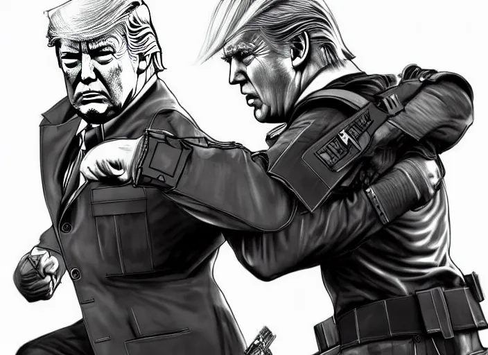 Image similar to donald trump and joe biden fighting in metal gear solid, digital art, trending on artstation, highly detailed, illustration, concept art, elegant, beautiful, masterpiece