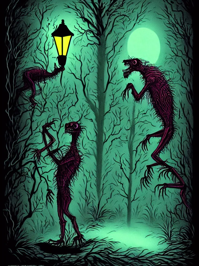 Image similar to Full Color Vintage Horror Illustration of a Creature Coming out of the bushes at night. Streetlight Glowing , Spooky lighting , Pinterest