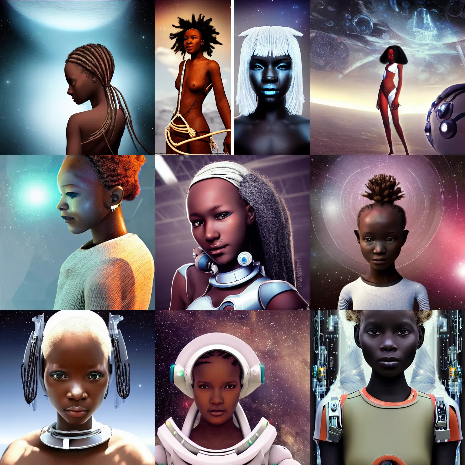 Prompt: beautiful futuristic himba girl in a white space station, robotic arms, fiber optic hair, hyperrealistic, sci - fi