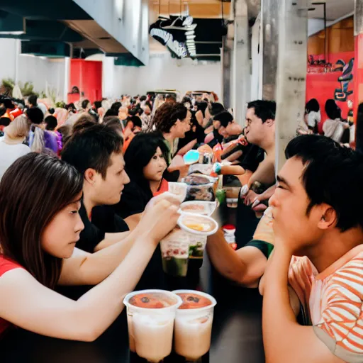 Prompt: photo of a crowd of people drinking boba milk tea while staring at the camera with soulless eyes and drool coming out of their mouths