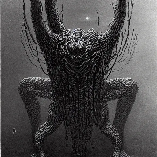 Image similar to huge spider-like creature by Zdzisław Beksiński, caretaker, cosmic horror, darkwave, concept by Alastair Reynolds