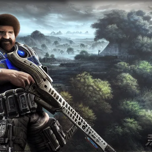 Image similar to Bob Ross in Gears of War, gloomy unreal engine 5 render