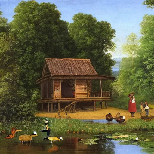 Prompt: two small log cabins on the edge of an idyllic lake that has many lily pads and brightly colored ducks on its surface, behind the cabins there is a small farm plot and a large deciduous forest, people can be seen tending to the area around the cabins, renaissance painting, high quality