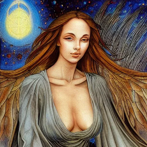 Image similar to most beautiful silk steel maiden, cygnus milieu of desert of purgatory, in the style of william blake, terese nielsen, detailed, intricate, beautiful faces, steve argyle, pastoral fantastic reality