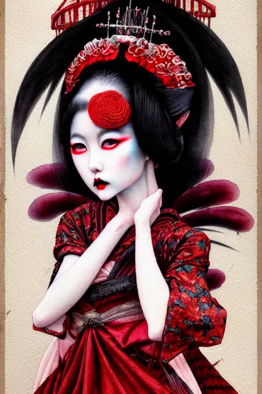 Image similar to watercolor painting of a japanese bjd geisha vampire queen with a long neck in a victorian lolita fashion red dress in the style of dark - fantasy painted by tom bagshaw, amy sol, nekro, dmt art, symmetrical vogue face portrait, intricate detail, artstation, cgsociety, artgerm, rococo