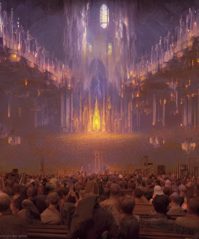 Image similar to fantasy movie scene craig mullins and ghibli and james gurney digital matte painting of a crowd in a futuristic church, strong contrast, priest, pews, ethereal, inviting, bright, raking light, unreal engine, hyper realism, realistic shading, cinematic composition, blender render, octane render, hdr, detailed textures, photorealistic, wide shot