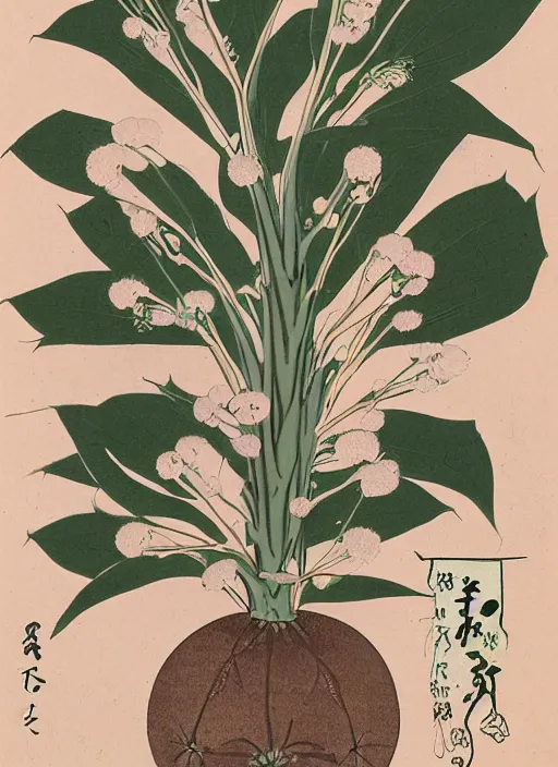 Prompt: botanical illustration of a green plant with eyeballs instead of flowers, Ukiyo-e