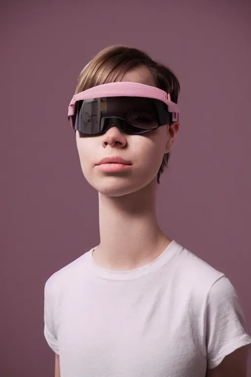Image similar to a high definition film photograph of a normal androgynous robot human wearing a plain white t - shirt, in a pastel pink room. happy. visor covering eyes. chrome. crushed shadows.