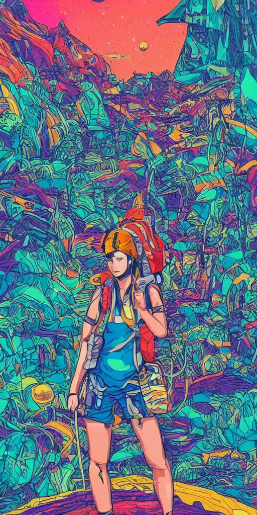 Prompt: Female backpacker exploring an exotic alien landscape, bold unique colours, heavy lines, detailed, intricate, manga,