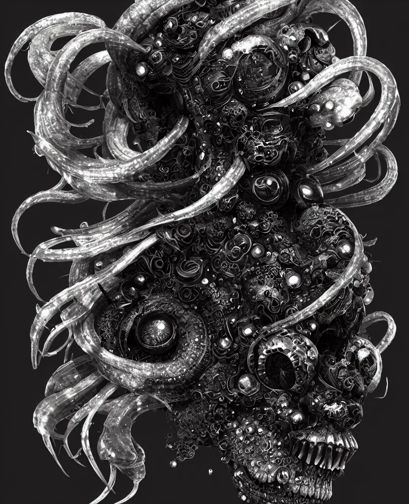 Image similar to fully black background. background hex 000000. goddess princess face close-up portrait ram skull. old metal bas relief. jellyfish phoenix head, nautilus, orchid, skull, betta fish, bioluminiscent creatures, intricate artwork by Tooth Wu and wlop and beeple. octane render, trending on artstation, greg rutkowski very coherent symmetrical artwork. cinematic, hyper realism, high detail, octane render, 8k