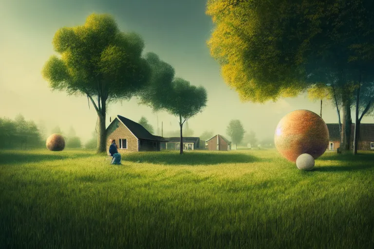 Image similar to peaceful day in farmer village with spherical psychodelic anomaly, trees, houses, fields, elegant, highly detailed, smooth, photoreal, sharp focus, illustration, beautiful, geometric, dmt trending on artstation, cinematic, artwork by WLOP