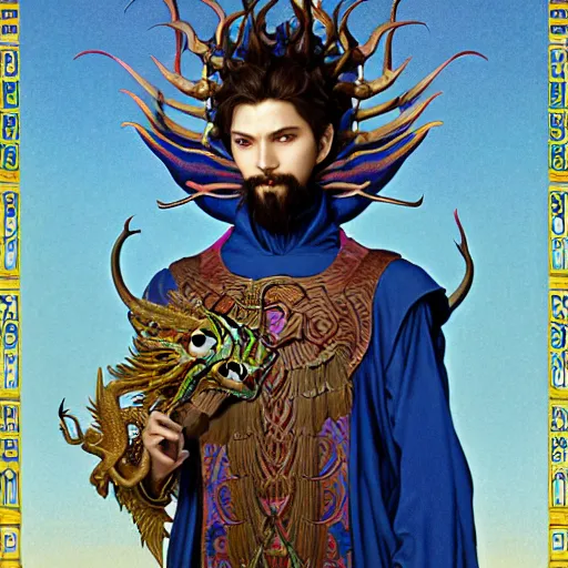 Prompt: half length portrait of a medieval fantasy anthropomorphic male blue dragon with electrcity magic, fantasy, d & d, high details, art by ( ( ( kuvshinov ilya ) ) ) and wayne barlowe and gustav klimt and artgerm and wlop and william - adolphe bouguereau