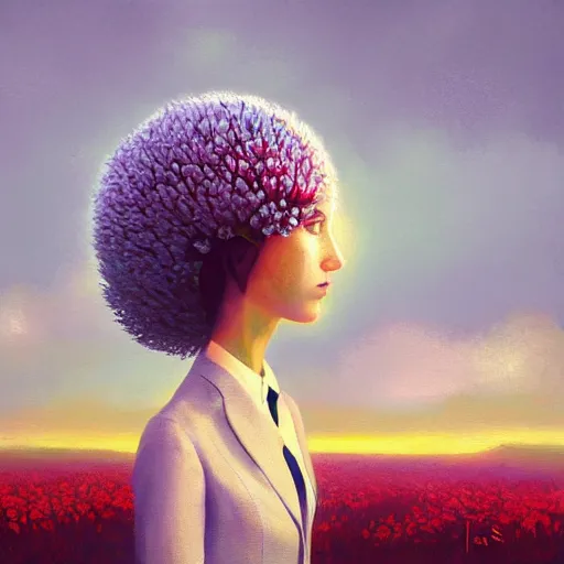 Image similar to giant daisy flowers head, frontal, girl in a suit, surreal photography, sunrise, dramatic light, impressionist painting, digital painting, artstation, simon stalenhag