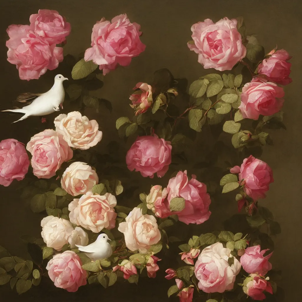 Prompt: a nosegay of { { roses } }, and a dove by rachel ruysch, 1 6 9 5