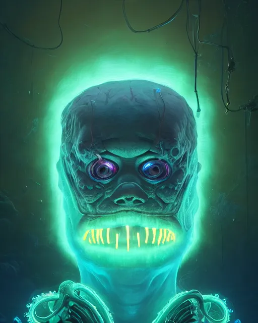 Image similar to portrait of a creepy bioluminescent monster, highly detailed, digital painting, cinematic, hyperrealism, dark retrowave, art by simon stalenhag and stanley lau and artgerm and magali villeneuve and alphonse mucha, artstation hd, octane render, cgsociety
