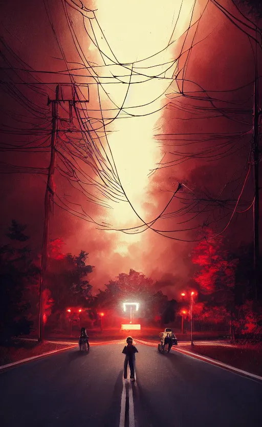 Image similar to stranger things inspired wallpaper, red ambience, at night, creepy over the street in the background, dynamic lighting, photorealistic fantasy concept art, trending on art station, stunning visuals, creative, cinematic, ultra detailed