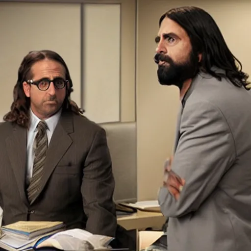 Image similar to Steve Carell as Jesus, The Office Scene, Cubicles, Photorealistic, Professional Photography, Sad