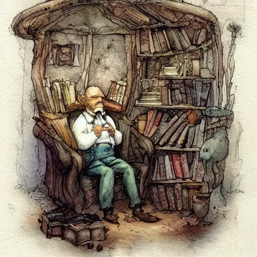 Image similar to whimsical fantastical a muted color watercolor sketch of a old man sitting in big chair next of a fireplace in his whimsical fantastical hobbit house living room surrounded by stacks of books from a whimsical fantastical story book character ifrom the book Baltimore & Redingote by Jean-Baptiste Monge of an old man in the style of by Jean-Baptiste Monge that looks like its by Jean-Baptiste Monge and refencing Jean-Baptiste Monge