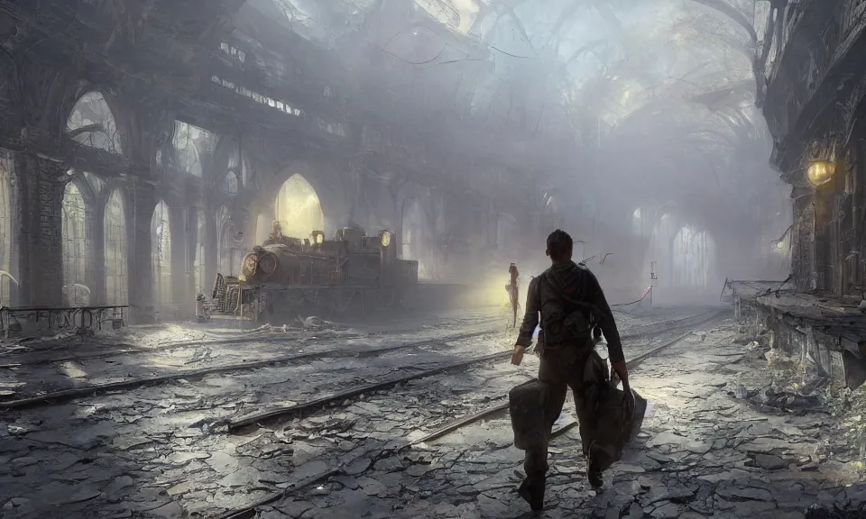 Prompt: A highly detailed 4K fantasy matte painting of an adventurer walking through an abandoned train station, volumetric sun rays and dust, Thomas Kinkade, Greg Rutkowski, ArtStation, CGSociety, Unreal Engine