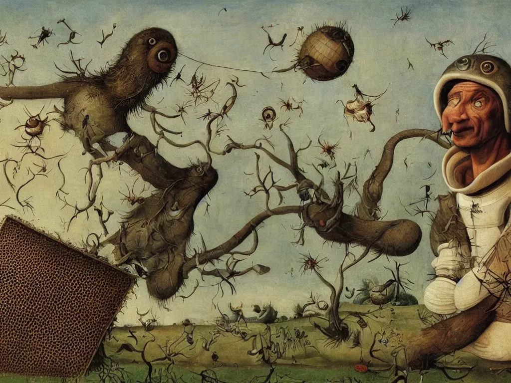 Image similar to close up portrait of man in white beekeeping suit with a surreal impossible creature from codex seraphinianus. painting by bosch, walton ford, agnes pelton