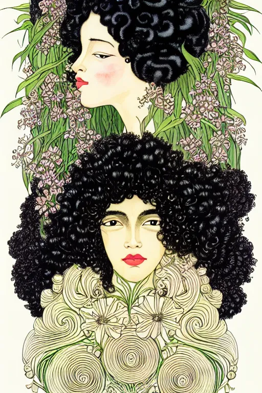 Prompt: realistic face of serene black woman with curly hair with flowers growing around, flower frame, detailed art by kay nielsen and walter crane, illustration style, watercolor