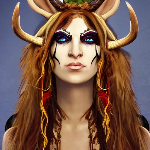 Prompt: tiefling druid with deer antlers growing out of their head blonde hair and large tribal jewelry and face paint