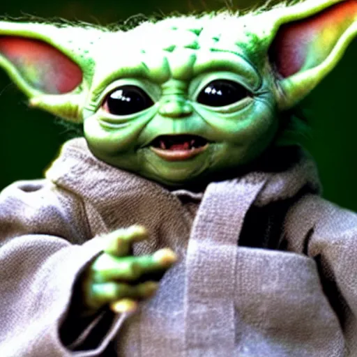 Prompt: baby yoda laughing