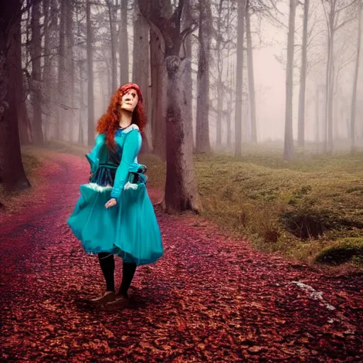 Image similar to young woman is a cottagecore witch, with rosy hair, with teal clothes, in a foggy forest, hyper - realistic, 4 k, full body, vogue photoshoot