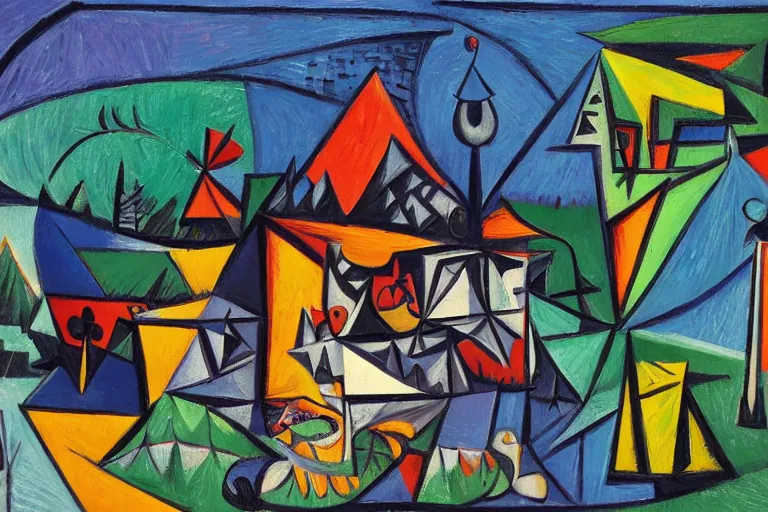 Prompt: witch hut, smooth, high quality, high resolution, 4 k, cubist painting by picasso