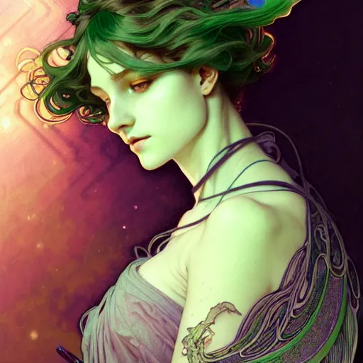 Image similar to Portrait of a girl with green hair and glowing halo and highly detailed intricate wings, art nouveau, fantasy, intricate, elegant, highly detailed, digital painting, artstation, concept art, smooth, sharp focus, illustration, art by Krenz Cushart and Artem Demura and alphonse mucha