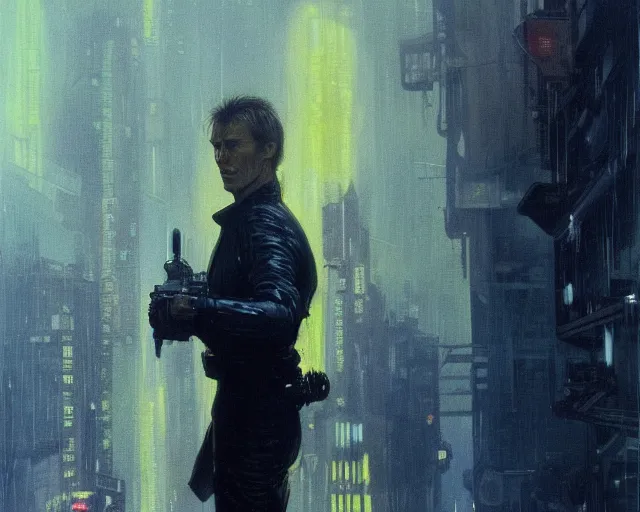 Image similar to 2 0 1 8 blade runner movie young man very young clint eastwood in his youth look at the cityscape from roof perfect face fine realistic face pretty face reflective polymer suit tight neon puffy jacket blue futuristic sci - fi elegant by denis villeneuve tom anders zorn hans dragan bibin thoma greg rutkowski ismail inceoglu illustrated sand storm alphonse mucha