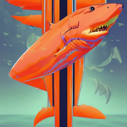 Image similar to orange striped traffic cone with shark teeth, ocean background detailed atmospheric - ron cheng & alphonse mucha, highly detailed, digital painting, ray tracing, concept art, illustration, smooth sharp focus, intricate, symmetry, artstation,