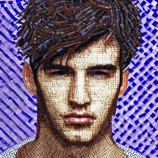 Image similar to artistic portrait of young male with dark hair, mosaic, extremely detailed, trending on Artstation