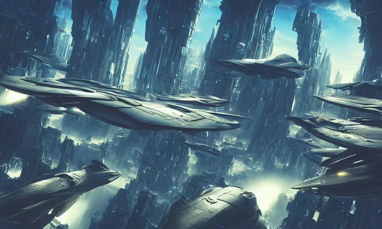 Image similar to a futuristic city scene with a flying spaceship, a detailed matte painting by chris moore, shutterstock contest winner, afrofuturism, matte painting, futuristic, sci - fi