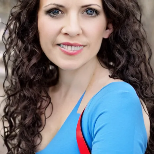 Image similar to A woman with long wavy brunette hair wearing a blue dress with a red belt